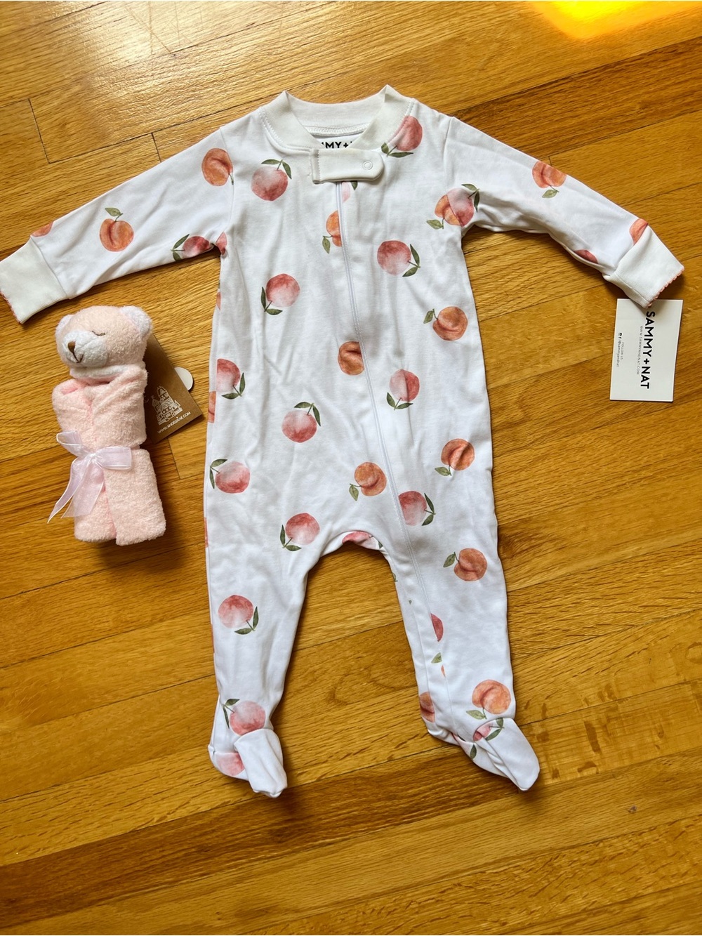NWT Sammy+Nat Pima Cotton 6M Footed One-Piece Peaches & Angel Dear Bear Lovey